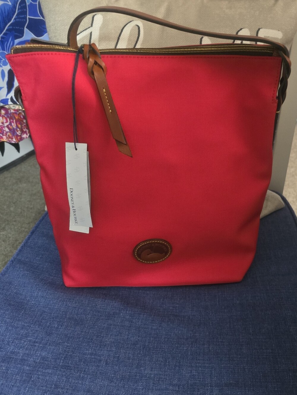 Dooney & Bourke Red Canvas Shoulder Bag with Brown Leather Strap & Accents
